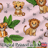 Cute Jungle Animals Lion Tiger Leopard Tropical Leaves   Blush Pink Background Digital Print Fabric by the Metre UK Sewing Quilting Textile