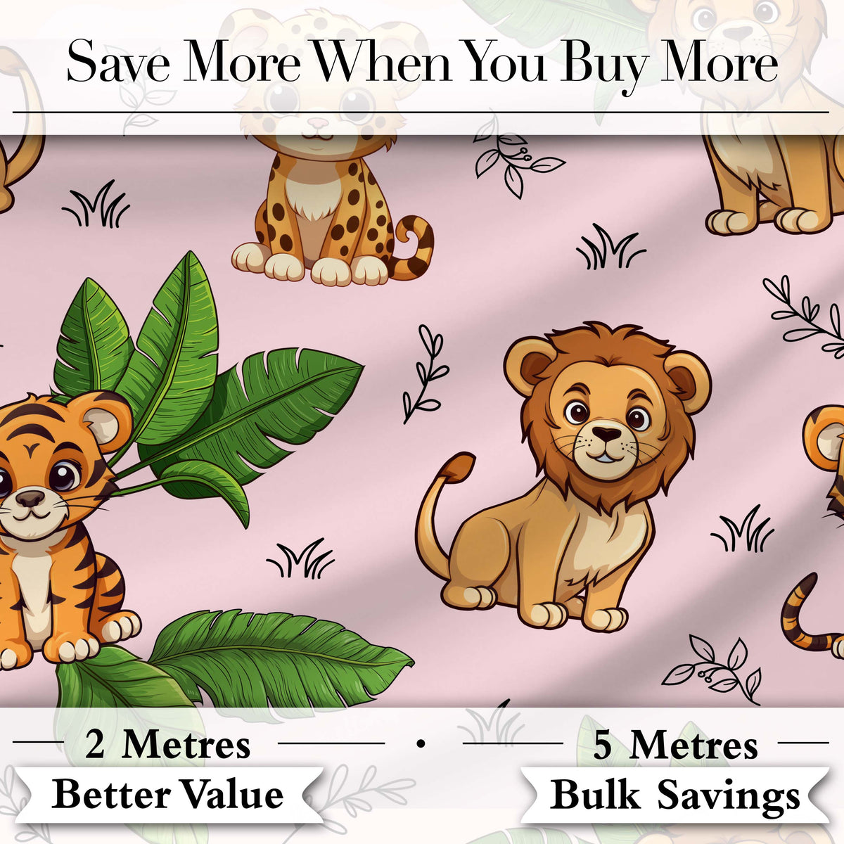 Cute Jungle Animals Lion Tiger Leopard Tropical Leaves   Blush Pink Background Digital Print Fabric by the Metre UK Sewing Quilting Textile