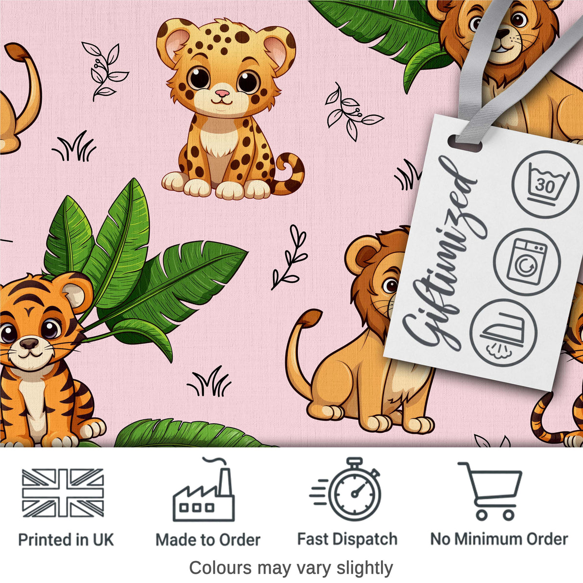 Cute Jungle Animals Lion Tiger Leopard Tropical Leaves   Blush Pink Background Digital Print Fabric by the Metre UK Sewing Quilting Textile