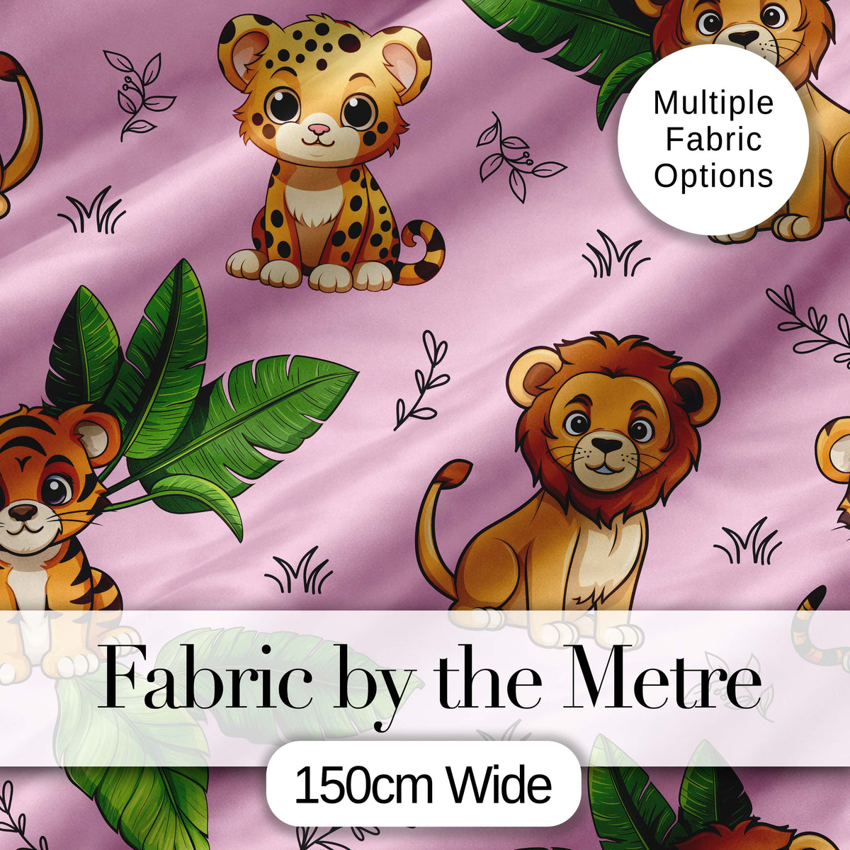 Cute Jungle Animals Lion Tiger Leopard Tropical Leaves   Soft Pink Background Digital Print Fabric by the Metre UK Sewing Quilting Textile