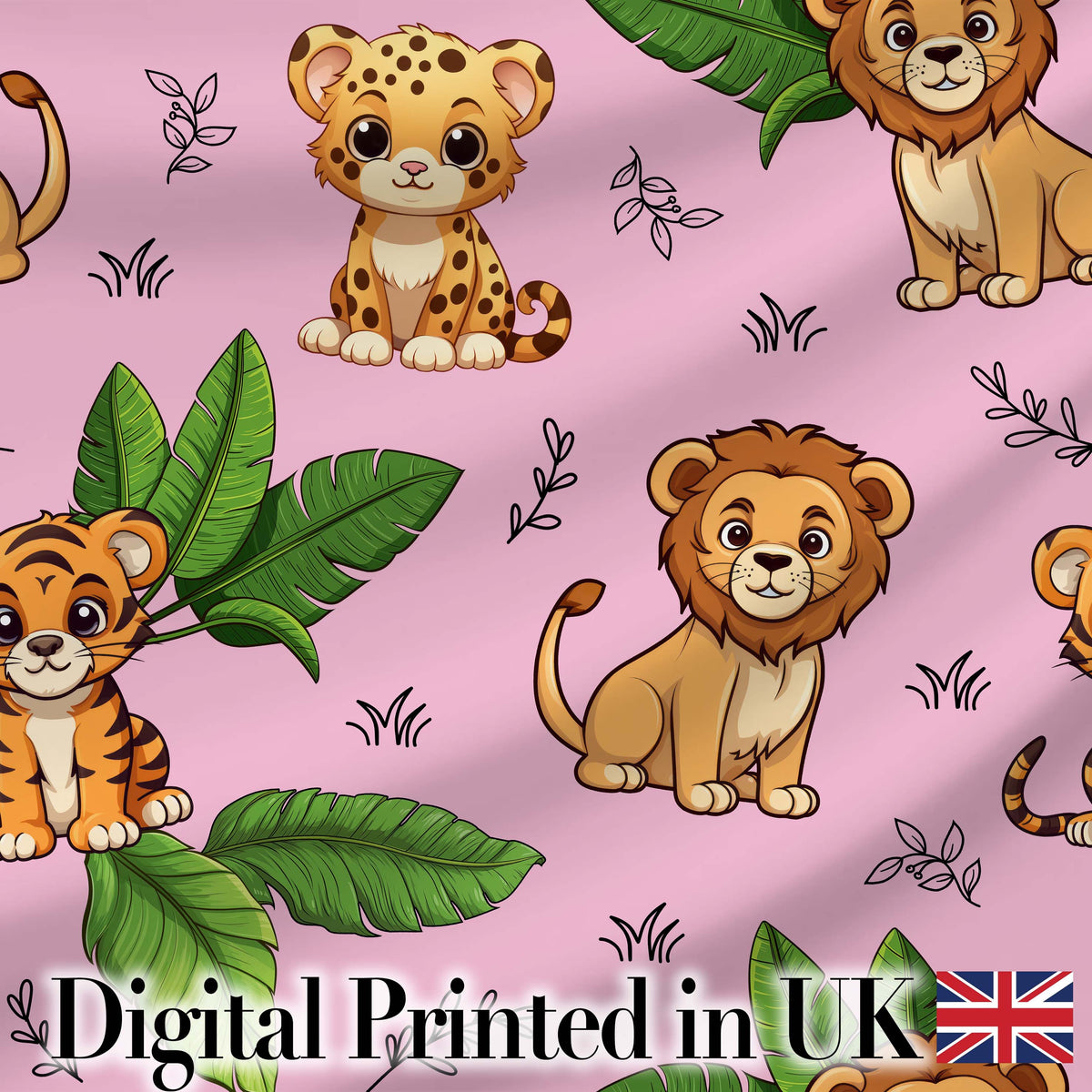 Cute Jungle Animals Lion Tiger Leopard Tropical Leaves   Soft Pink Background Digital Print Fabric by the Metre UK Sewing Quilting Textile