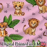 Cute Jungle Animals Lion Tiger Leopard Tropical Leaves   Soft Pink Background Digital Print Fabric by the Metre UK Sewing Quilting Textile