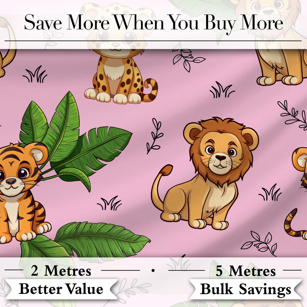Cute Jungle Animals Lion Tiger Leopard Tropical Leaves   Soft Pink Background Digital Print Fabric by the Metre UK Sewing Quilting Textile