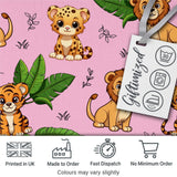 Cute Jungle Animals Lion Tiger Leopard Tropical Leaves   Soft Pink Background Digital Print Fabric by the Metre UK Sewing Quilting Textile