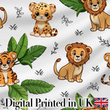 Cute Jungle Animals Lion Tiger Leopard Tropical Leaves   Light Grey Background Digital Print Fabric by the Metre UK Sewing Quilting Textile