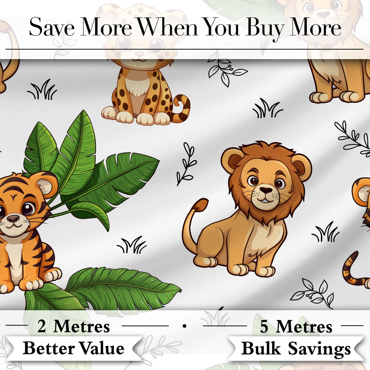 Cute Jungle Animals Lion Tiger Leopard Tropical Leaves   Light Grey Background Digital Print Fabric by the Metre UK Sewing Quilting Textile