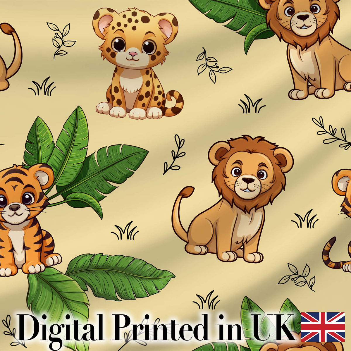 Cute Jungle Animals Lion Tiger Leopard Tropical Leaves   Beige Background Digital Print Fabric by the Metre UK Sewing Quilting Textile