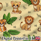 Cute Jungle Animals Lion Tiger Leopard Tropical Leaves   Beige Background Digital Print Fabric by the Metre UK Sewing Quilting Textile