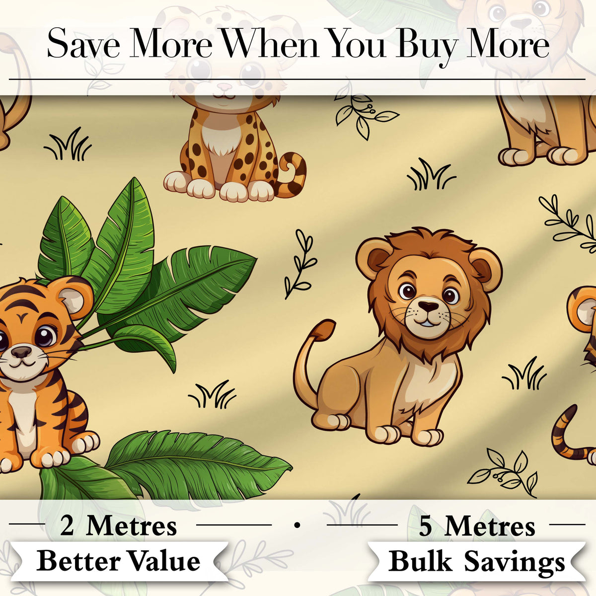 Cute Jungle Animals Lion Tiger Leopard Tropical Leaves   Beige Background Digital Print Fabric by the Metre UK Sewing Quilting Textile