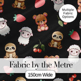 Cute Cute Baby Animals Bear Sheep Sloth Strawberry Cherry   Black Background Digital Print Fabric by the Metre UK Sewing Quilting Textile