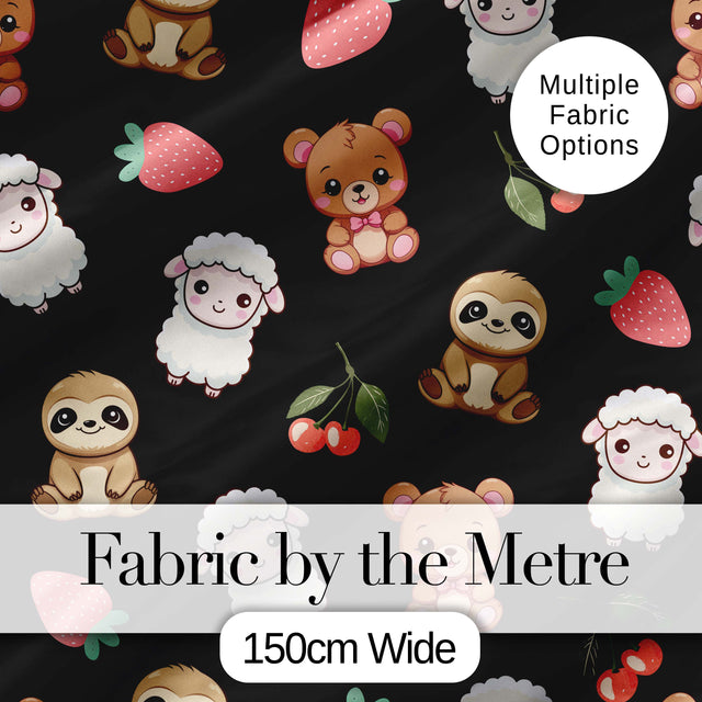 Cute Cute Baby Animals Bear Sheep Sloth Strawberry Cherry   Black Background Digital Print Fabric by the Metre UK Sewing Quilting Textile