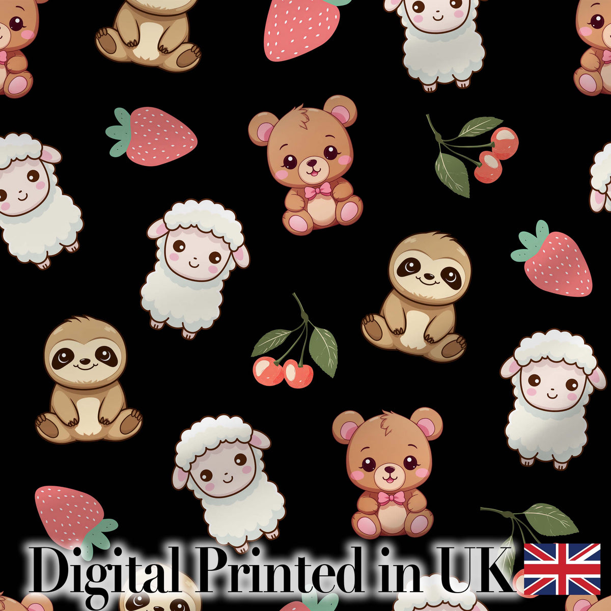 Cute Cute Baby Animals Bear Sheep Sloth Strawberry Cherry   Black Background Digital Print Fabric by the Metre UK Sewing Quilting Textile