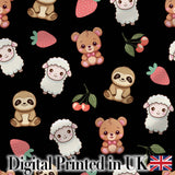 Cute Cute Baby Animals Bear Sheep Sloth Strawberry Cherry   Black Background Digital Print Fabric by the Metre UK Sewing Quilting Textile