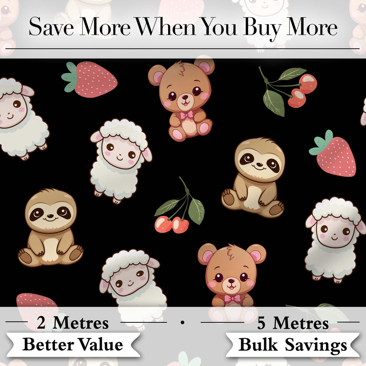 Cute Cute Baby Animals Bear Sheep Sloth Strawberry Cherry   Black Background Digital Print Fabric by the Metre UK Sewing Quilting Textile
