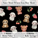 Cute Cute Baby Animals Bear Sheep Sloth Strawberry Cherry   Black Background Digital Print Fabric by the Metre UK Sewing Quilting Textile
