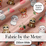 Cute Cute Baby Animals Bear Sheep Sloth Strawberry Cherry   Peach Background Digital Print Fabric by the Metre UK Sewing Quilting Textile