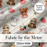 Cute Cute Baby Animals Bear Sheep Sloth Strawberry Cherry   Cream Background Digital Print Fabric by the Metre UK Sewing Quilting Textile