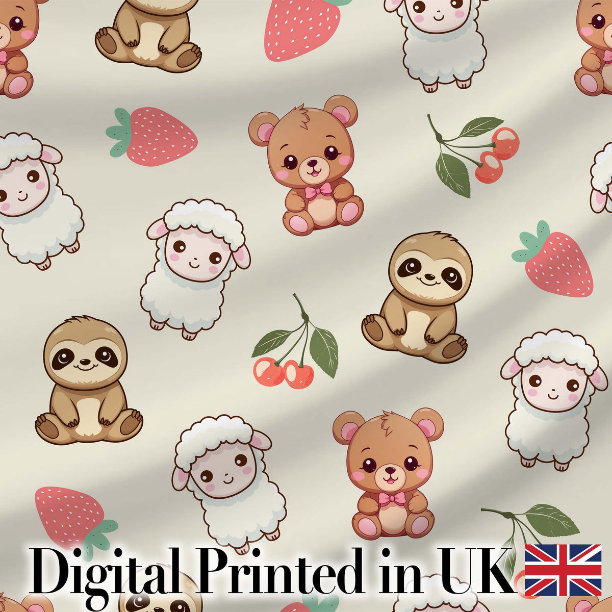 Cute Cute Baby Animals Bear Sheep Sloth Strawberry Cherry   Cream Background Digital Print Fabric by the Metre UK Sewing Quilting Textile