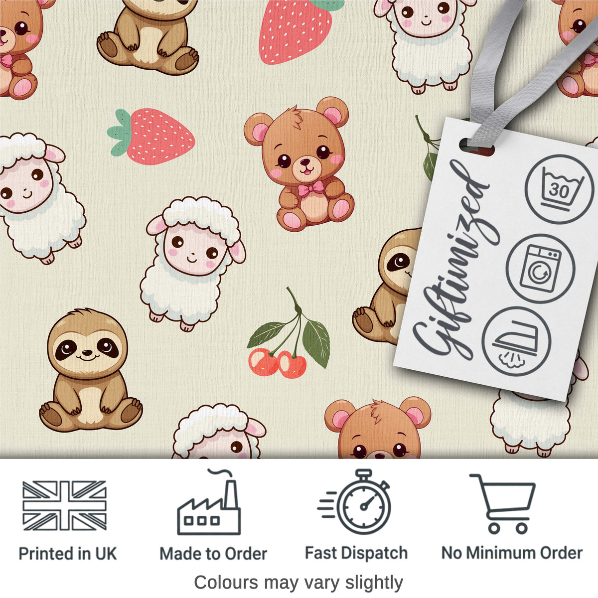 Cute Cute Baby Animals Bear Sheep Sloth Strawberry Cherry   Cream Background Digital Print Fabric by the Metre UK Sewing Quilting Textile