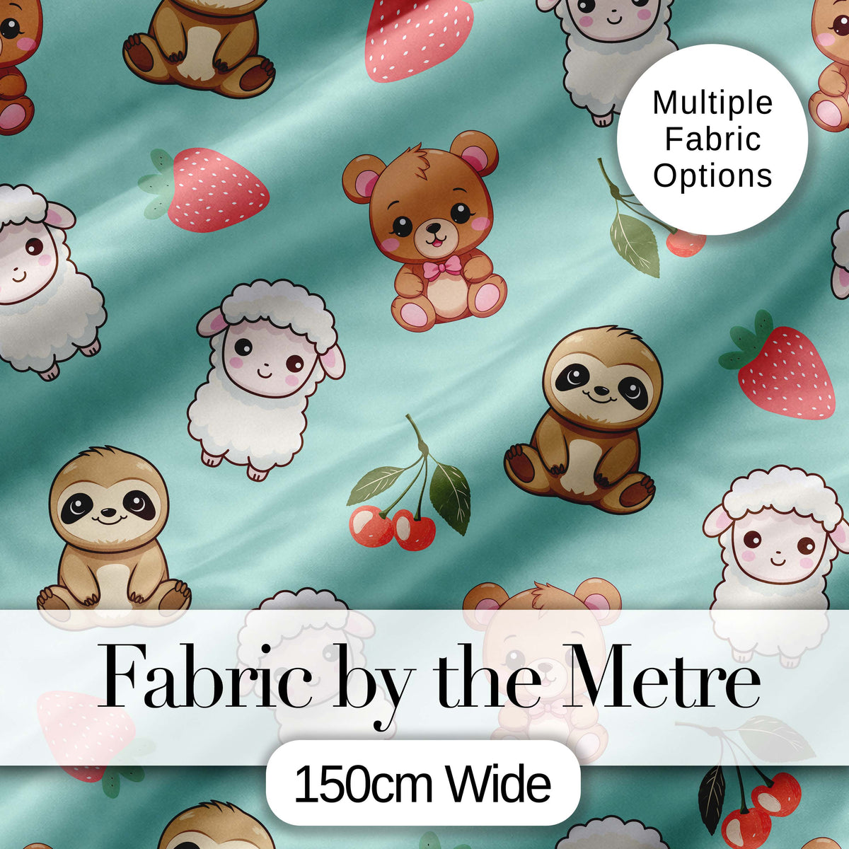 Cute Cute Baby Animals Bear Sheep Sloth Strawberry Cherry   Mint Background Digital Print Fabric by the Metre UK Sewing Quilting Textile