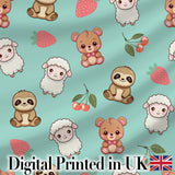 Cute Cute Baby Animals Bear Sheep Sloth Strawberry Cherry   Mint Background Digital Print Fabric by the Metre UK Sewing Quilting Textile