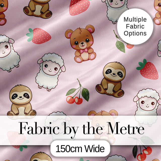 Cute Cute Baby Animals Bear Sheep Sloth Strawberry Cherry   Pink Background Digital Print Fabric by the Metre UK Sewing Quilting Textile