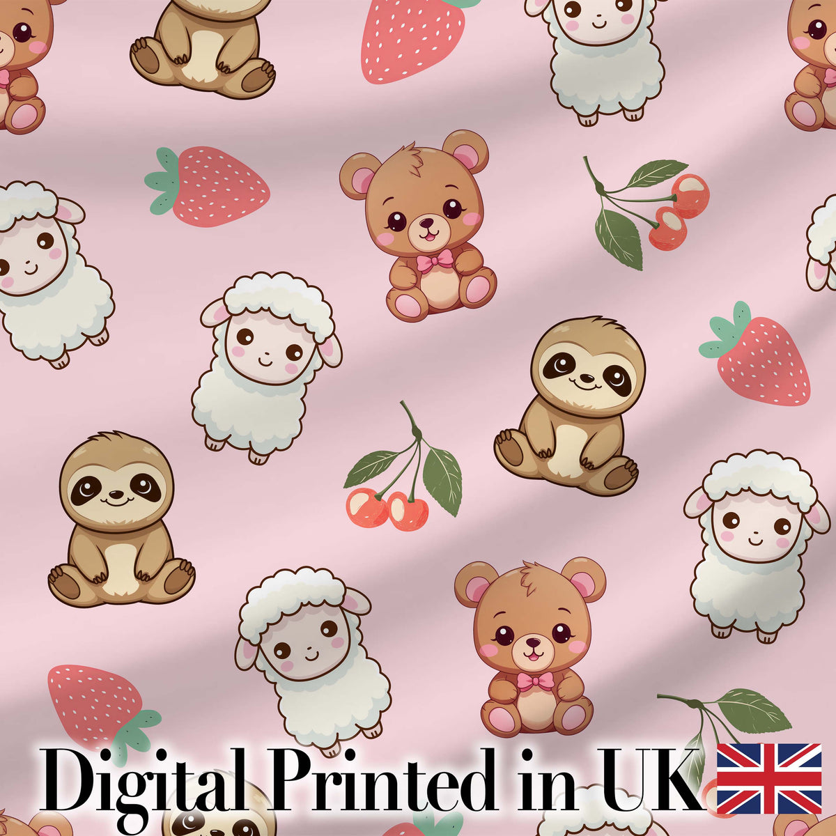 Cute Cute Baby Animals Bear Sheep Sloth Strawberry Cherry   Pink Background Digital Print Fabric by the Metre UK Sewing Quilting Textile