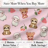 Cute Cute Baby Animals Bear Sheep Sloth Strawberry Cherry   Pink Background Digital Print Fabric by the Metre UK Sewing Quilting Textile
