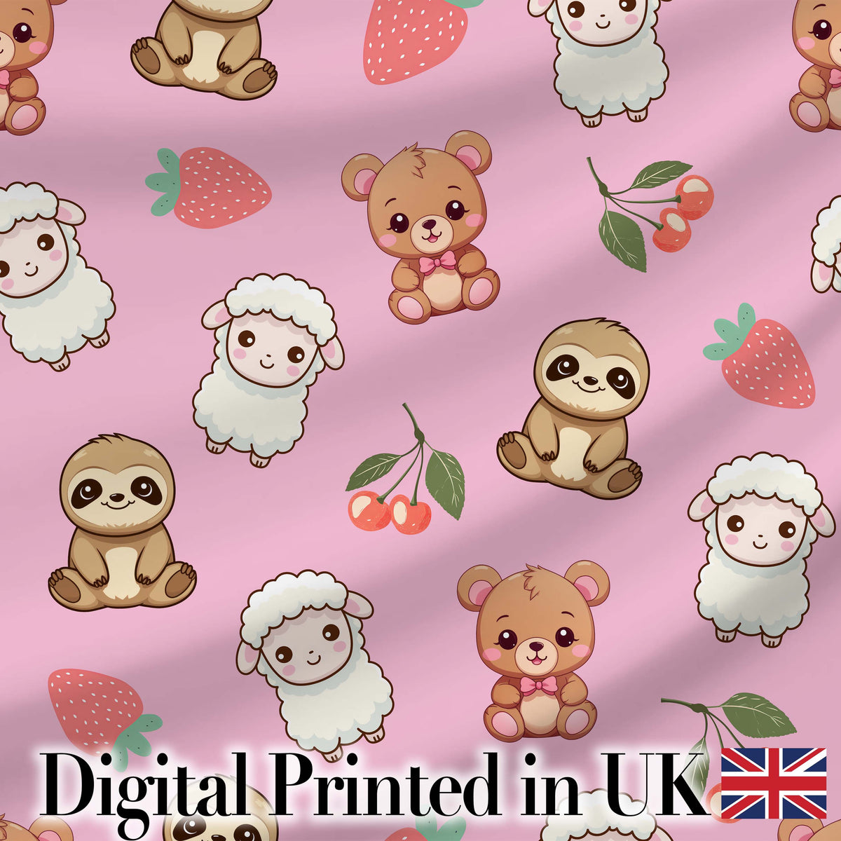 Cute Baby Animals Bear Sheep Sloth Strawberry Cherry Pink Background  Pattern Digital Print Fabric by the Metre UK Sewing Quilting Textile
