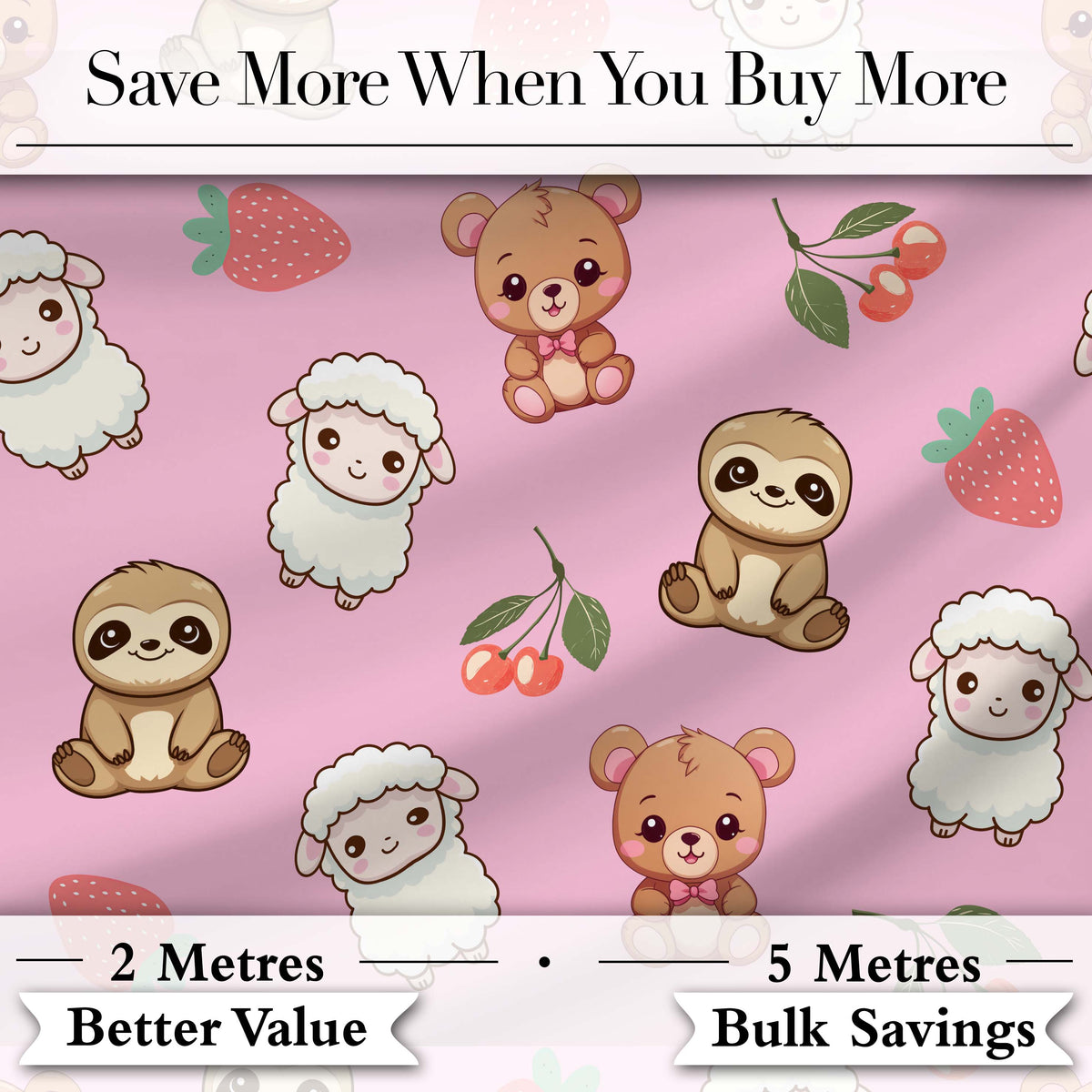 Cute Baby Animals Bear Sheep Sloth Strawberry Cherry Pink Background  Pattern Digital Print Fabric by the Metre UK Sewing Quilting Textile