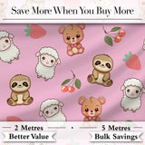 Cute Baby Animals Bear Sheep Sloth Strawberry Cherry Pink Background  Pattern Digital Print Fabric by the Metre UK Sewing Quilting Textile