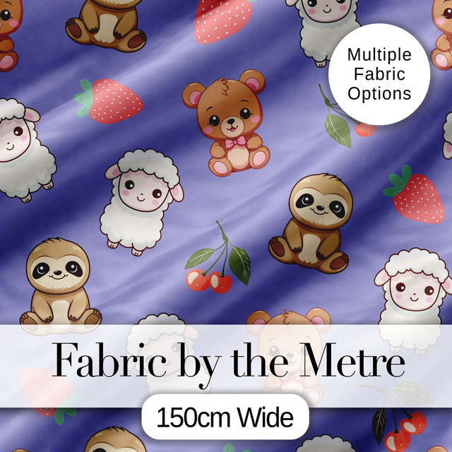 Cute Baby Animals Bear Sheep Sloth Strawberry Cherry Purple Background  Pattern Digital Print Fabric by the Metre UK Sewing Quilting Textile