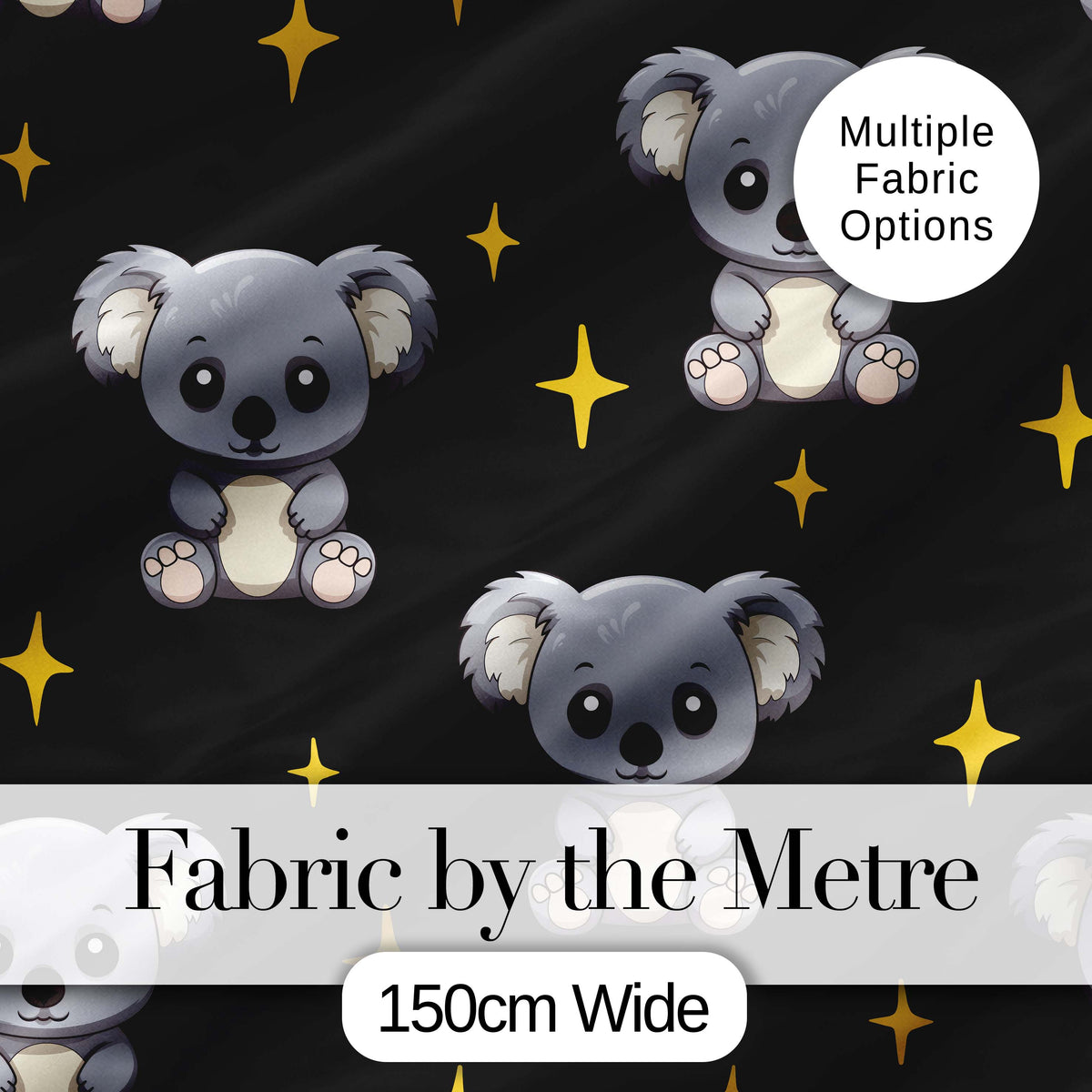 Cute Koala Bears with Stars Black Background Seamless Pattern Digital Print Fabric by the Metre UK Sewing Quilting Textile