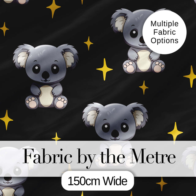 Cute Koala Bears with Stars Black Background Seamless Pattern Digital Print Fabric by the Metre UK Sewing Quilting Textile