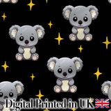 Cute Koala Bears with Stars Black Background Seamless Pattern Digital Print Fabric by the Metre UK Sewing Quilting Textile
