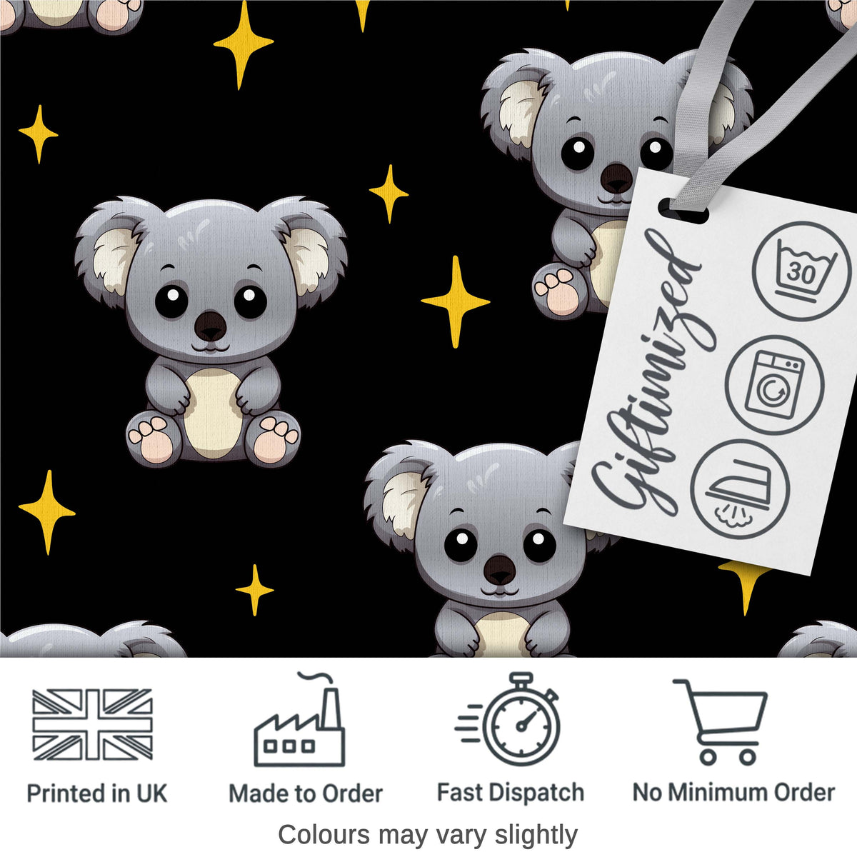 Cute Koala Bears with Stars Black Background Seamless Pattern Digital Print Fabric by the Metre UK Sewing Quilting Textile