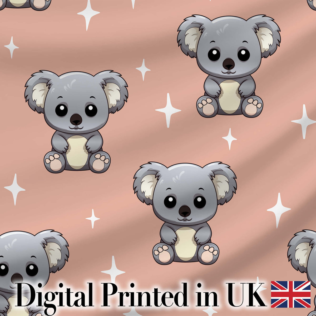 Cute Koala Bears with Stars Peach Background Seamless Pattern Digital Print Fabric by the Metre UK Sewing Quilting Textile