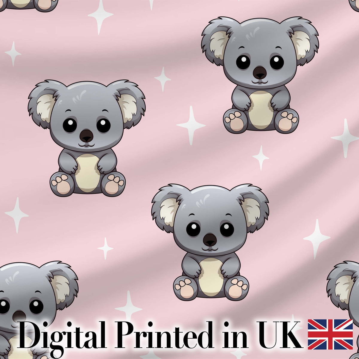 Cute Koala Bears with Stars Soft Pink Background Seamless Pattern Digital Print Fabric by the Metre UK Sewing Quilting Textile