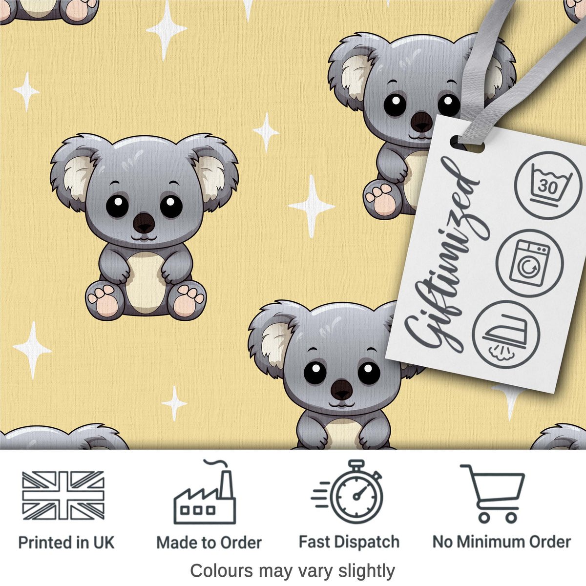 Cute Koala Bears with Stars Yellow Background Seamless Pattern Digital Print Fabric by the Metre UK Sewing Quilting Textile