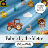 Cute Farm Scene Tractor Duck Farmer Child Clouds Blue Background  Pattern Digital Print Fabric by the Metre UK Sewing Quilting Textile