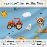 Cute Farm Scene Tractor Duck Farmer Child Clouds Blue Background  Pattern Digital Print Fabric by the Metre UK Sewing Quilting Textile