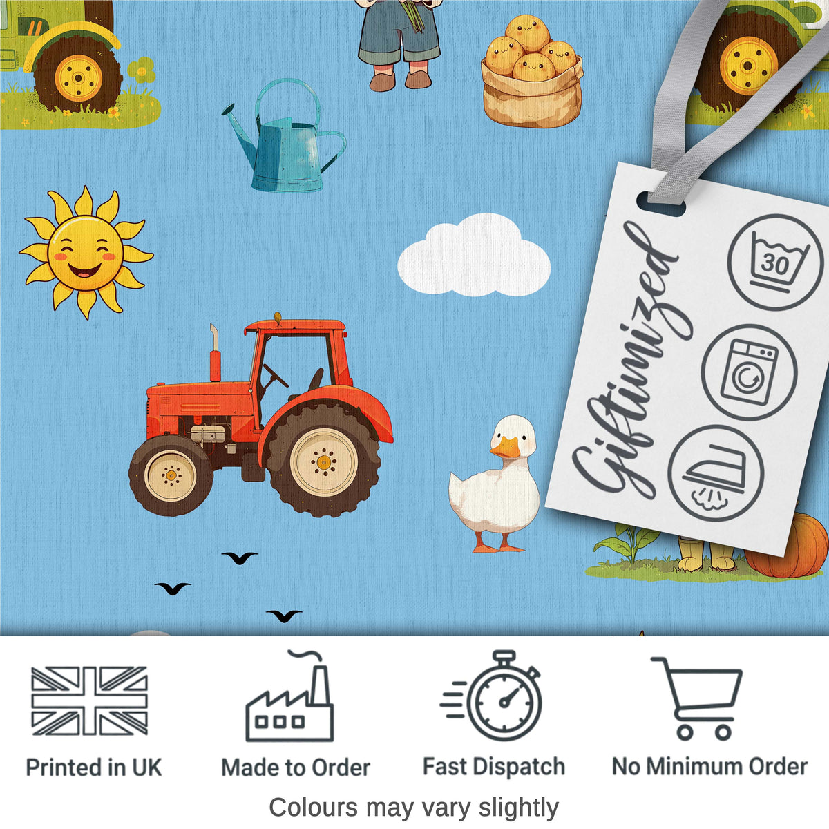 Cute Farm Scene Tractor Duck Farmer Child Clouds Blue Background  Pattern Digital Print Fabric by the Metre UK Sewing Quilting Textile