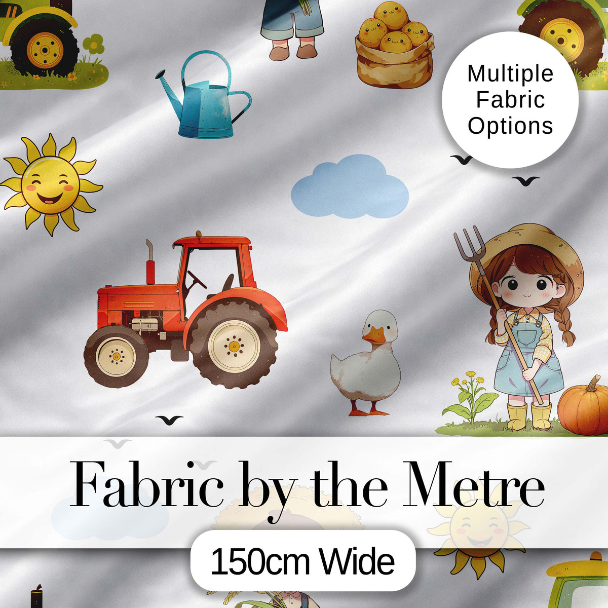 Cute Farm Tractor Duck Girl with Clouds White Background Seamless Pattern Digital Print Fabric by the Metre UK Sewing Quilting Textile