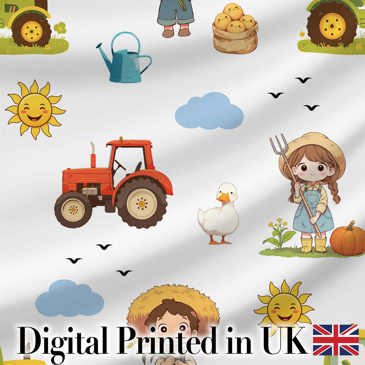 Cute Farm Tractor Duck Girl with Clouds White Background Seamless Pattern Digital Print Fabric by the Metre UK Sewing Quilting Textile