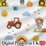 Cute Farm Tractor Duck Girl with Clouds White Background Seamless Pattern Digital Print Fabric by the Metre UK Sewing Quilting Textile