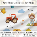 Cute Farm Tractor Duck Girl with Clouds White Background Seamless Pattern Digital Print Fabric by the Metre UK Sewing Quilting Textile