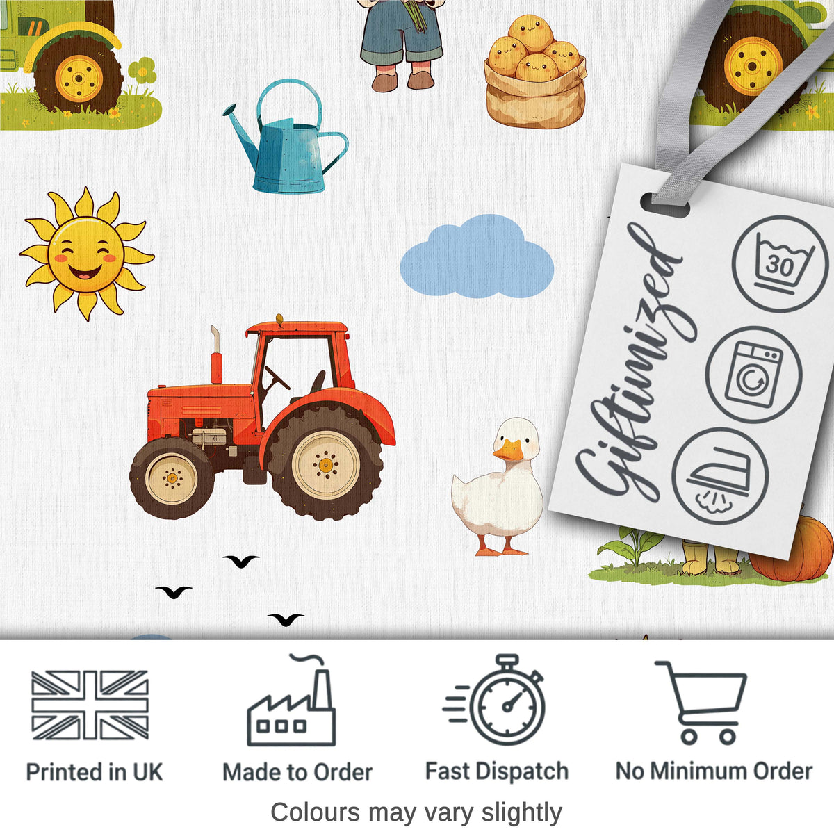Cute Farm Tractor Duck Girl with Clouds White Background Seamless Pattern Digital Print Fabric by the Metre UK Sewing Quilting Textile