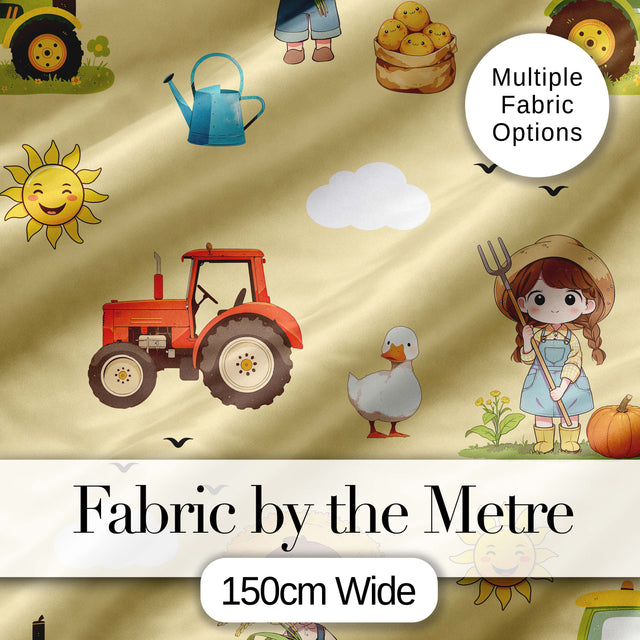 Cute Farm Tractor Duck Girl with Clouds Beige Background Seamless Pattern Digital Print Fabric by the Metre UK Sewing Quilting Textile