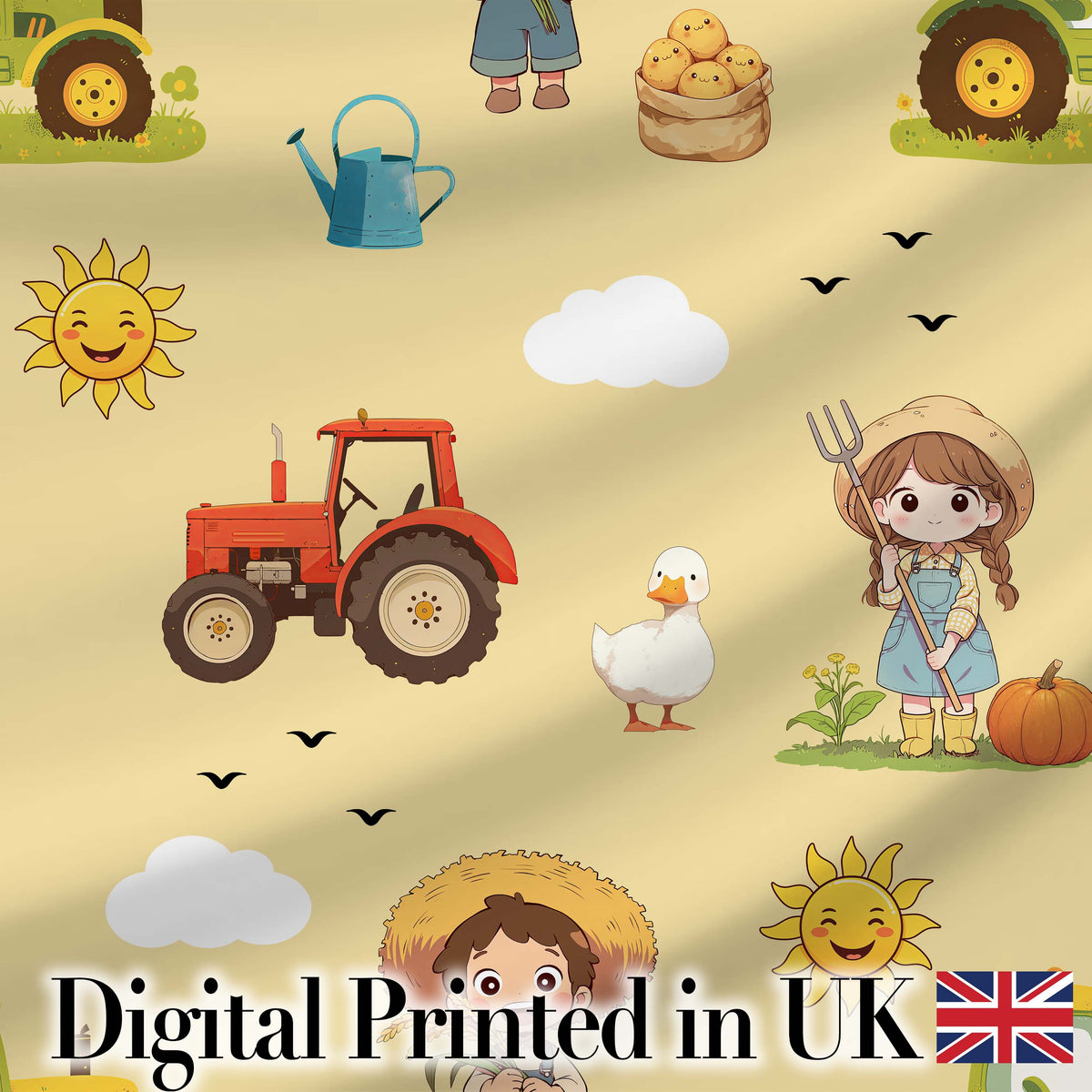 Cute Farm Tractor Duck Girl with Clouds Beige Background Seamless Pattern Digital Print Fabric by the Metre UK Sewing Quilting Textile