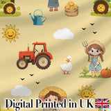 Cute Farm Tractor Duck Girl with Clouds Beige Background Seamless Pattern Digital Print Fabric by the Metre UK Sewing Quilting Textile